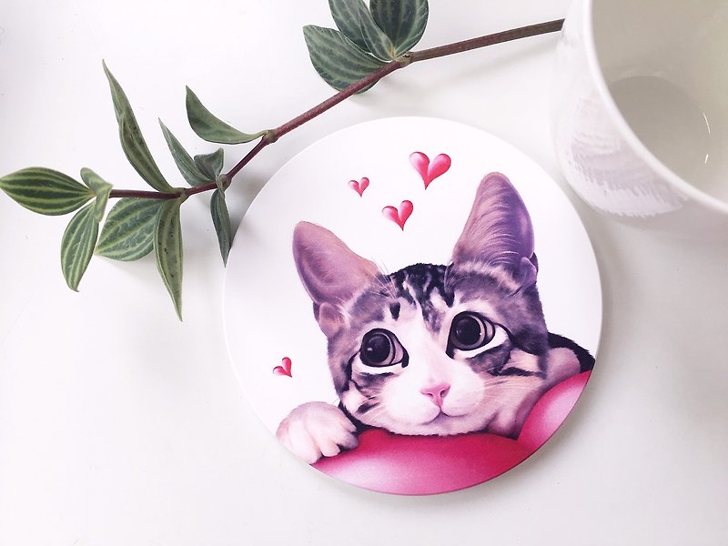 Animal illustration ceramic absorbent coaster [love cat] - Coasters - Pottery White