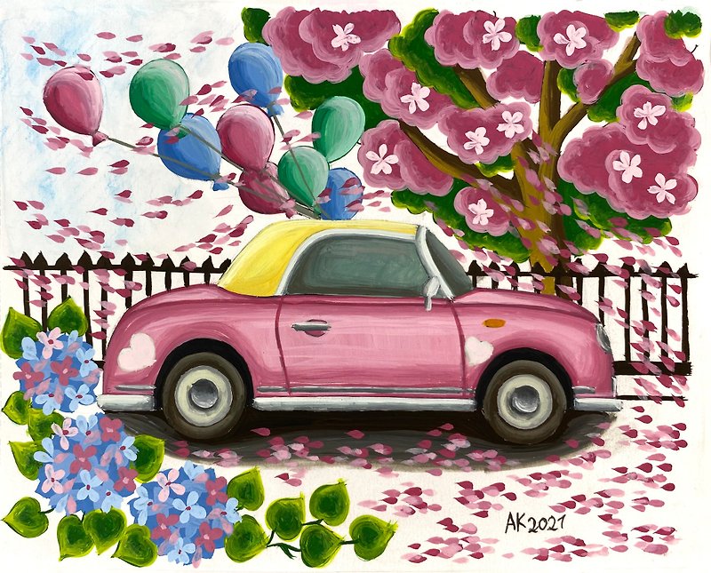 Pink Figaro gouache painting, landscape artwork, garden, hydrangea flower, cute - Wall Décor - Other Materials Pink