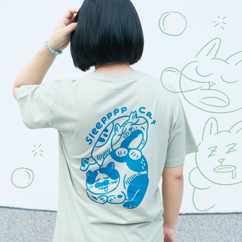 [Pre-order] Cat Island T-shirt / Light Green Sleeping Cat - Women's T-Shirts - Cotton & Hemp Green