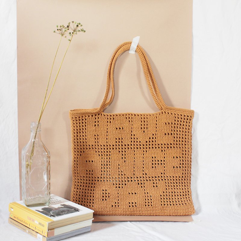HAVE A NICE DAY ,Personalized Quote Crochet Tote Bag ,Crochet Bag ,Handmade Bag - 側背包/斜背包 - 其他材質 橘色