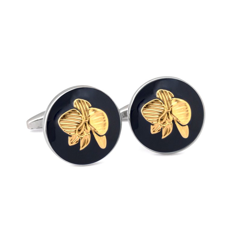 Round Cufflink with Gold Orchid Print - 袖扣 - 其他材質 金色