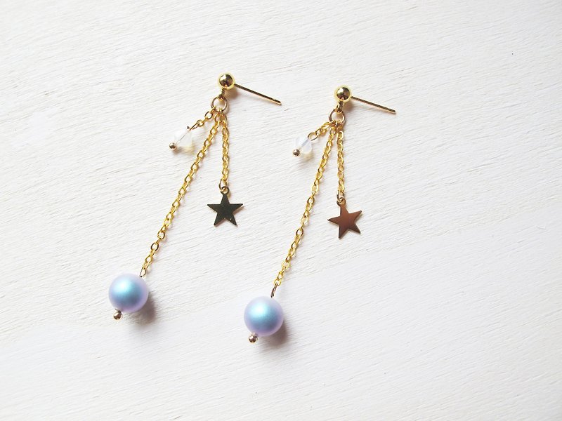 Rosy Garden golden stars light blue cotton pearl earrings - ต่างหู - วัสดุอื่นๆ สีน้ำเงิน