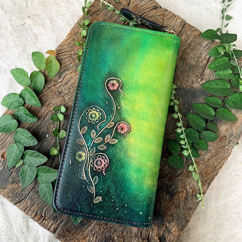 [Customized gift] Leather zipper clip-Flower Elf hand-dyed Father's Day gift box - Wallets - Genuine Leather Green