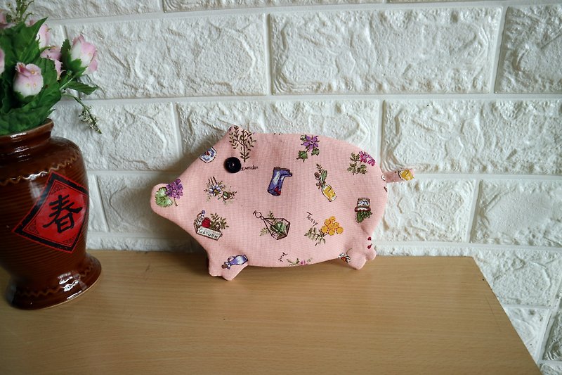 Pig Fu full zipper red bag purse ~ light pink pig - Chinese New Year - Cotton & Hemp Pink