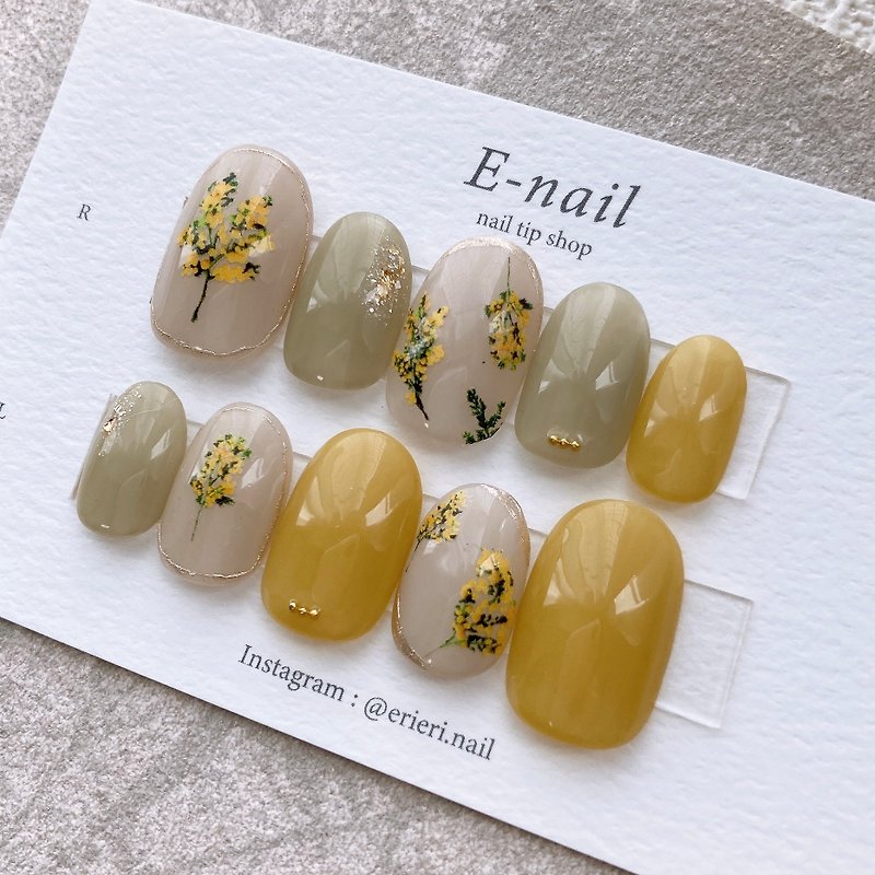 美甲　ネイル　nail フラワー　花　ミモザ　黄色　可愛い　大人 - 指甲油/指甲貼 - 塑膠 黃色