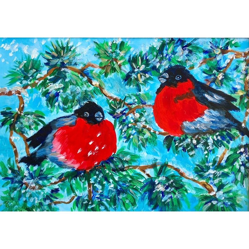 Christmas Bird painting, Hand painted bullfinch acrylic painting, Northern art - 海報/掛畫/掛布 - 木頭 
