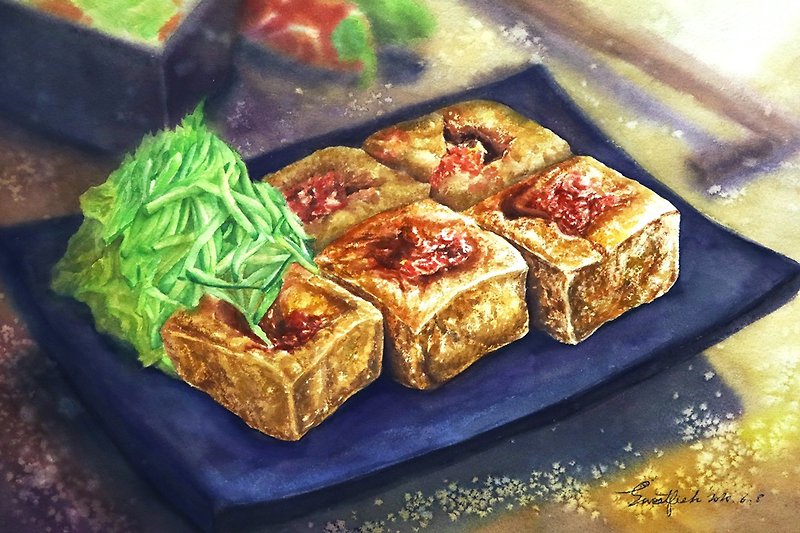 Fried stinky tofu－postcard/ food postcard/ food card/ food illustration - Cards & Postcards - Paper Red