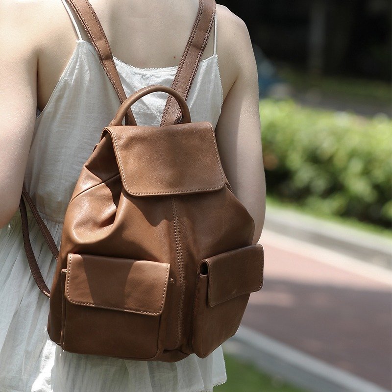 Small double pocket mini calfskin backpack coffee - Backpacks - Genuine Leather Brown