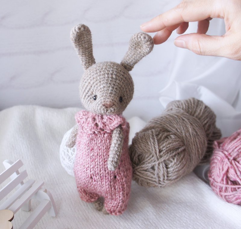 Baby Bunny Doll in a pink jumpsuit, Soft rabbit toy, Stuffed Animal Toy - 嬰幼兒玩具/毛公仔 - 羊毛 粉紅色