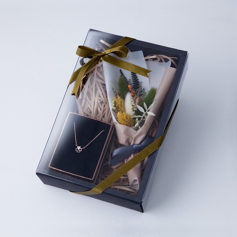 Natural grass green small bouquet sterling silver necklace gift box - สร้อยคอ - โลหะ สีเขียว