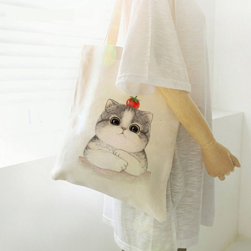 Meng cat canvas bag shoulder bag handbag bag shopping bag with zipper black and white optional - Handbags & Totes - Cotton & Hemp White