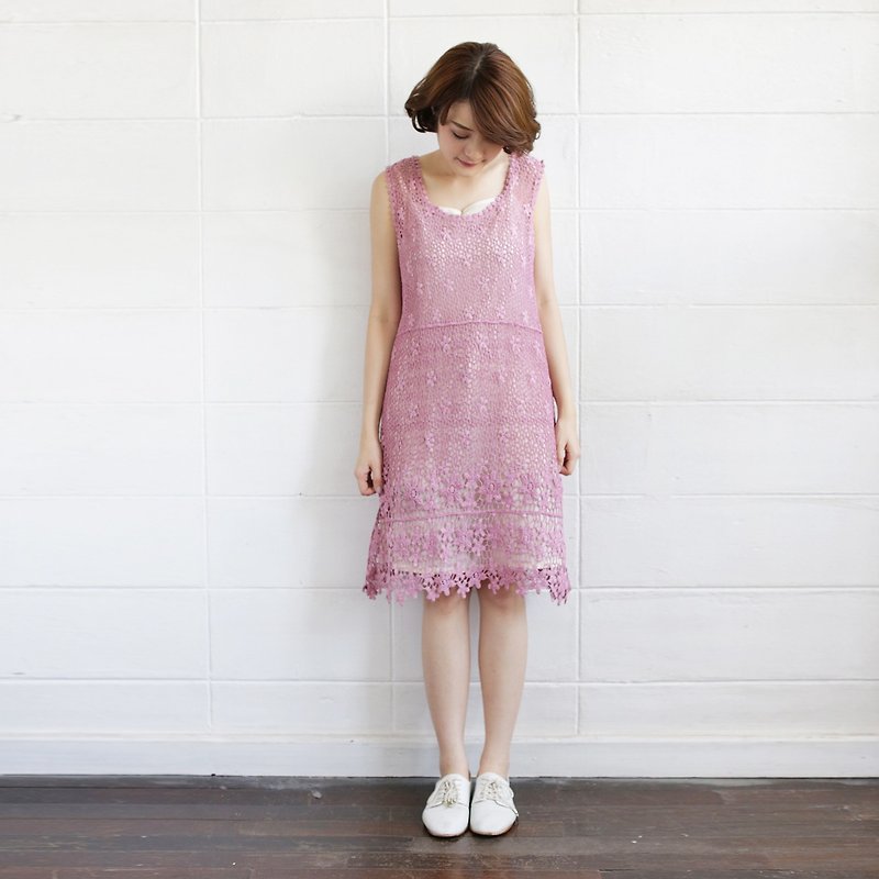 Pink Sleeveless Dresses Lace Cotton Petti Bloom - เสื้อผู้หญิง - ผ้าฝ้าย/ผ้าลินิน สึชมพู