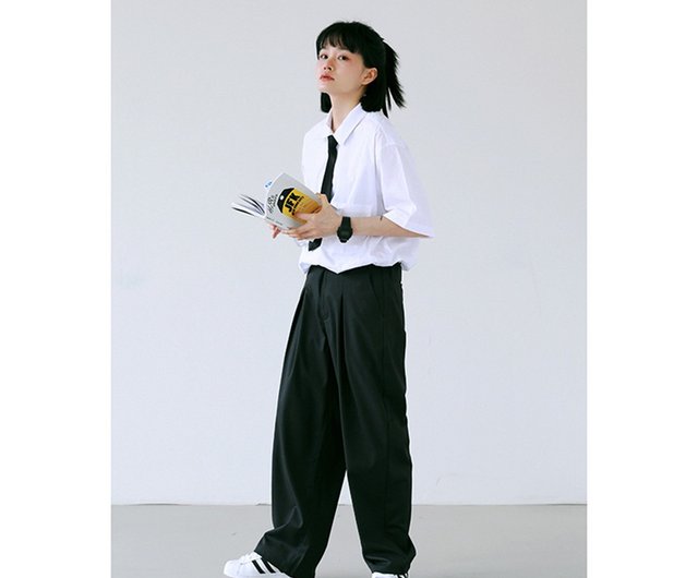 黒のルーズで快適なズボン春と夏にやさしい伸縮性のあるストレートプリーツワイドレッグワイドパンツ快適なズボンs Xl ショップ Epicrare パンツ レディース Pinkoi