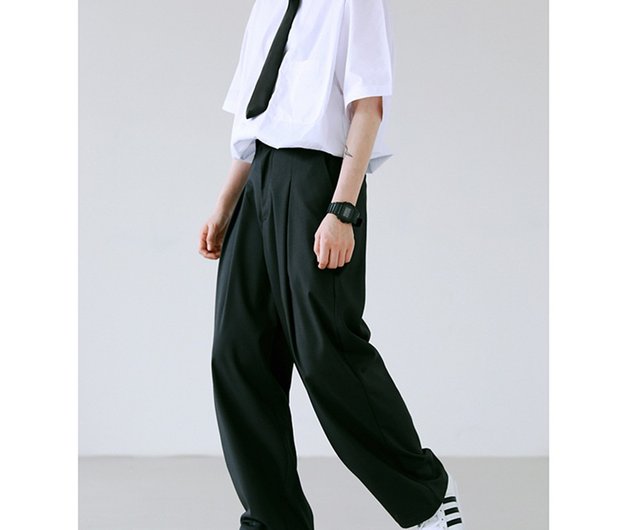 黒のルーズで快適なズボン春と夏にやさしい伸縮性のあるストレートプリーツワイドレッグワイドパンツ快適なズボンs Xl ショップ Epicrare パンツ レディース Pinkoi