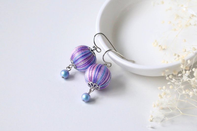 purple hydrangea cotton ball Japan jewelry - Earrings & Clip-ons - Cotton & Hemp Purple