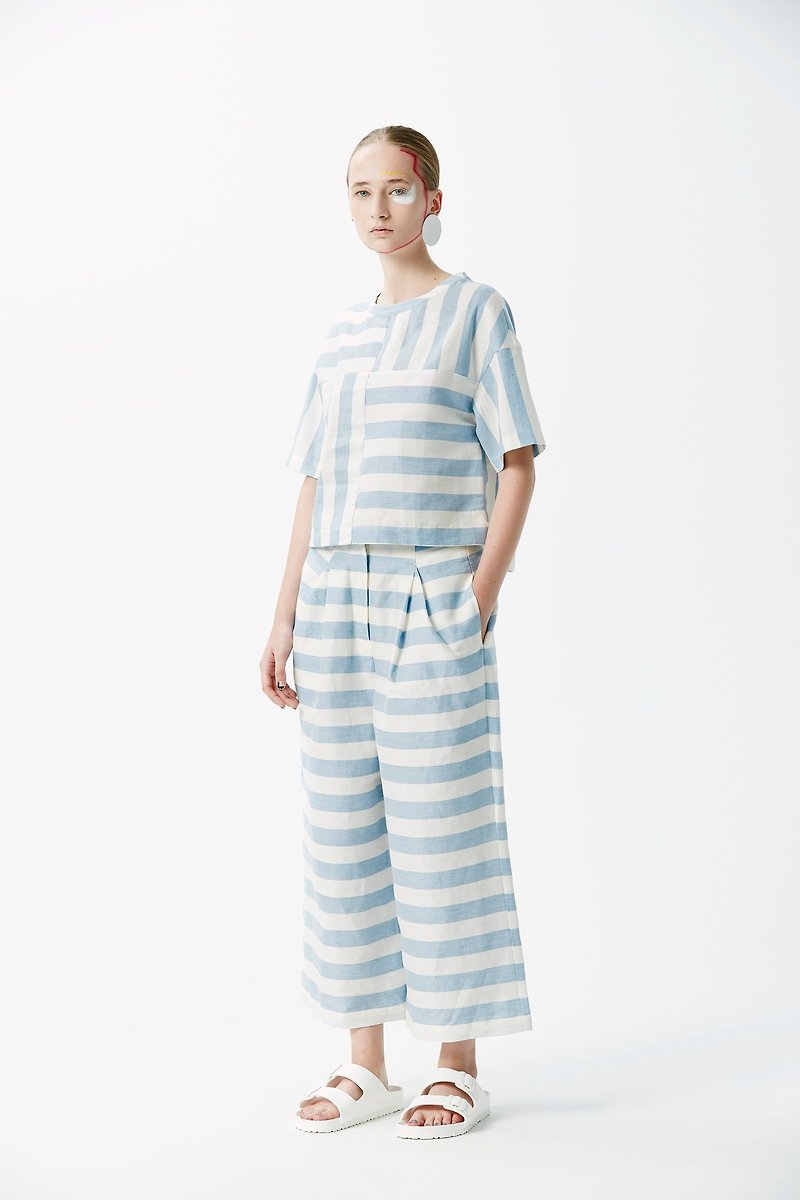 ZUO - striped short version staggered off the shoulder blouse plain weave - Women's Tops - Cotton & Hemp Blue
