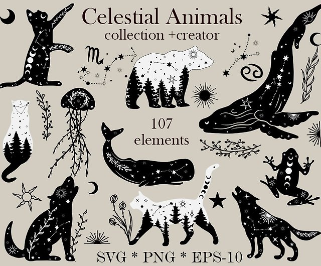 Celestial Animals Svg Mystical Animal Silhouette Cat Bear Whale Frog Print Shop Lellyartyshop Illustration Painting Calligraphy Pinkoi