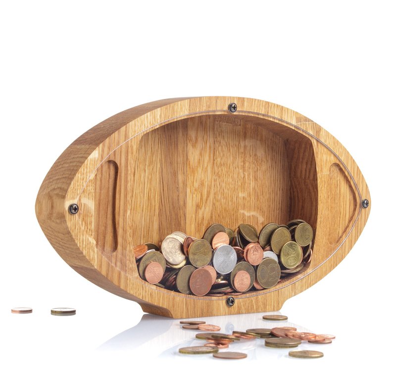 Football ball wooden piggy bank kids gift Rugby sport nursery decor wooden toy - 存錢筒 - 木頭 