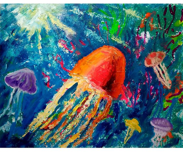 Jellyfish Original Oil Painting, Sea Animal Wall Art, Underwater Artwork -  Shop ColoredCatsArt Posters - Pinkoi