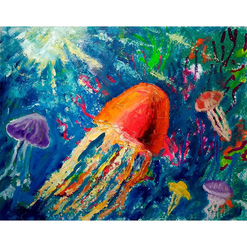 Jellyfish Original Oil Painting, Sea Animal Wall Art, Underwater Artwork - Posters - Other Materials Multicolor