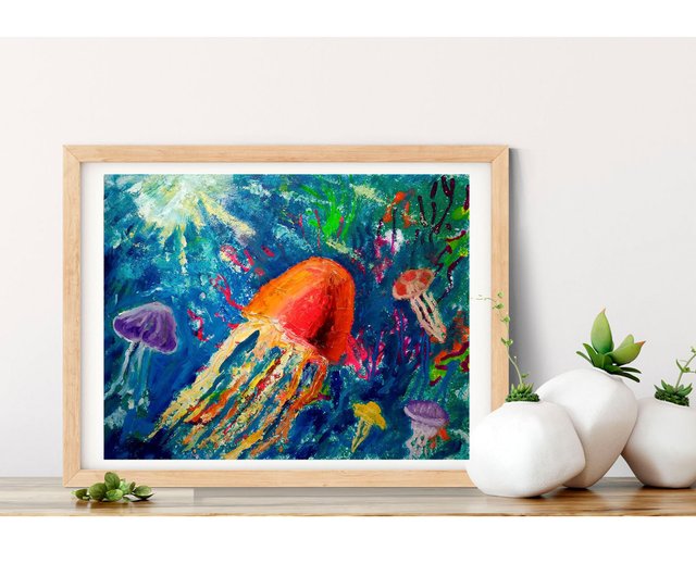 クラゲオリジナル油絵、海の動物の壁の芸術、水中アートワーク