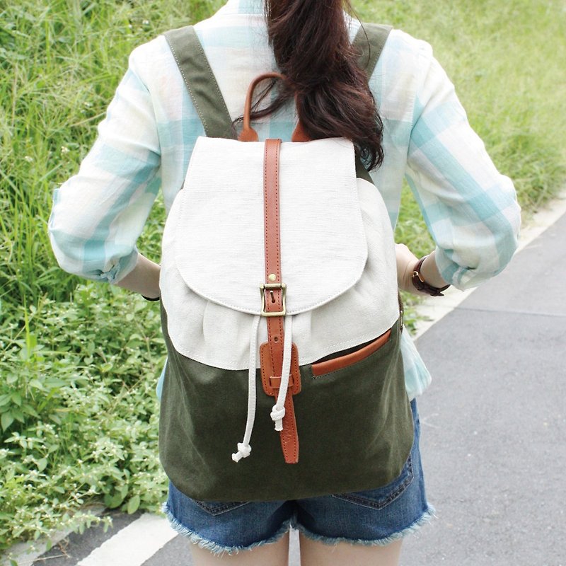 Wen Qing cow leather retro travel canvas backpacks - Green Green - Backpacks - Cotton & Hemp Green