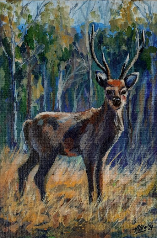 鹿の絵 オリジナルアクリル画 野生動物の絵 森の風景 - ショップ