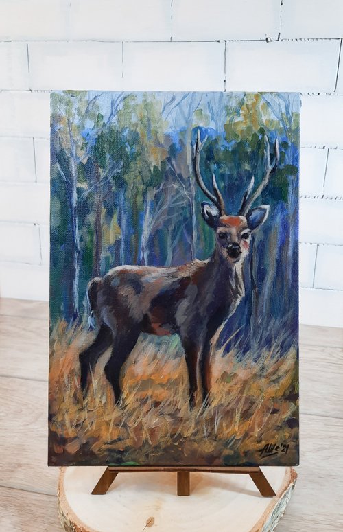 原画　鹿　絵画　動物画　アクリル画　現代アート　一点物　手描き 幻想の世界・鹿と三日月【アクリル画】原画・イラスト・幻想的