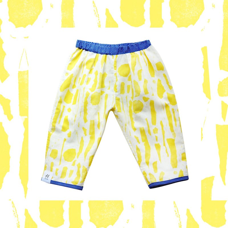 Blue, white and yellow discount eight-point wide pants | | children's clothing / cotton / hand-painted collage printing / limited hand made - กางเกง - ผ้าฝ้าย/ผ้าลินิน สีเหลือง