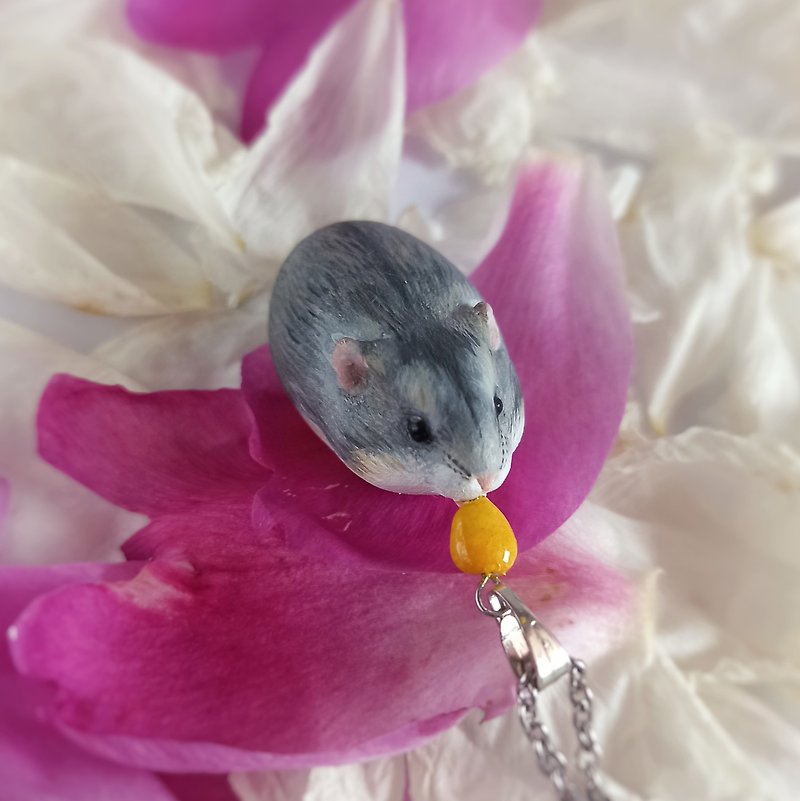 Gray hamster dwarf eats a corn seed It is tiny realistic cute gift - Other - Plastic Silver