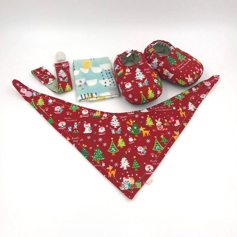Christmas animals - toddler shoes / baby shoes / baby shoes + pacifier clip + scarf + handkerchief - ของขวัญวันครบรอบ - ผ้าฝ้าย/ผ้าลินิน สีแดง