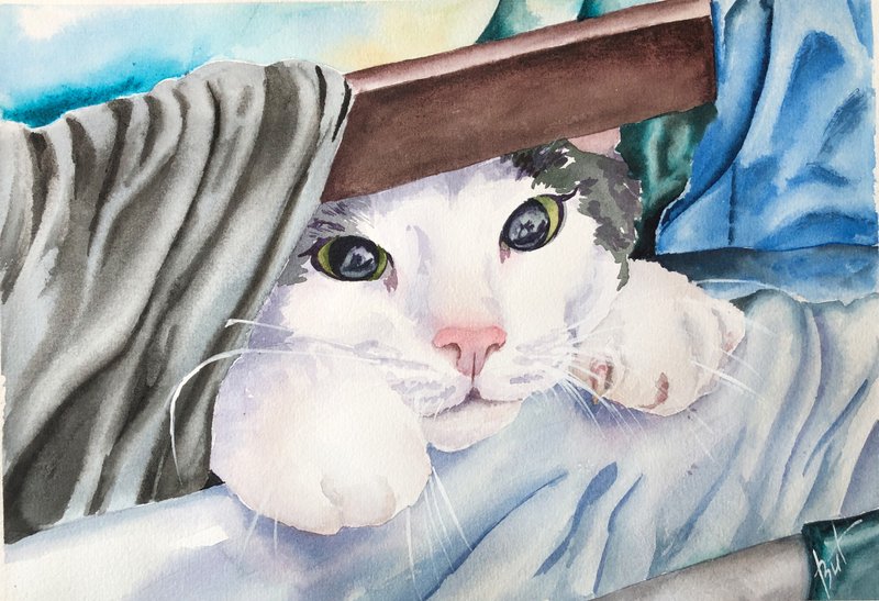 Kitten Painting Animal Original Artwork Watercolor Pet Portrait Cat Wall Art - 海報/掛畫/掛布 - 紙 白色