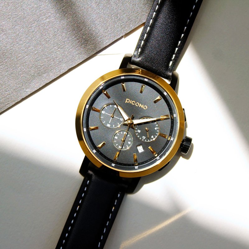 D-Time 真三眼多功能系列真皮錶帶手錶  DT-9201 金色/黑色 - 男錶/中性錶 - 其他金屬 