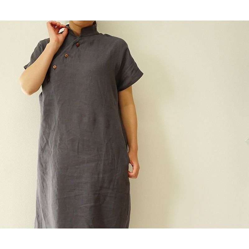[Wafu] Ya flax linen Ao Dai French sleeve dress / sumi-iro a47-1 - One Piece Dresses - Cotton & Hemp Gray