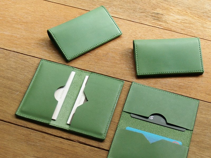【自然風大地色】真皮卡夾/名片夾/皮夾(英文刻印/禮盒裝) 簡約 - 卡片套/卡片盒 - 真皮 綠色