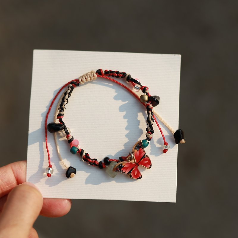 Pink butterfly natural stone woven waxed cord bracelet - สร้อยข้อมือ - งานปัก สึชมพู