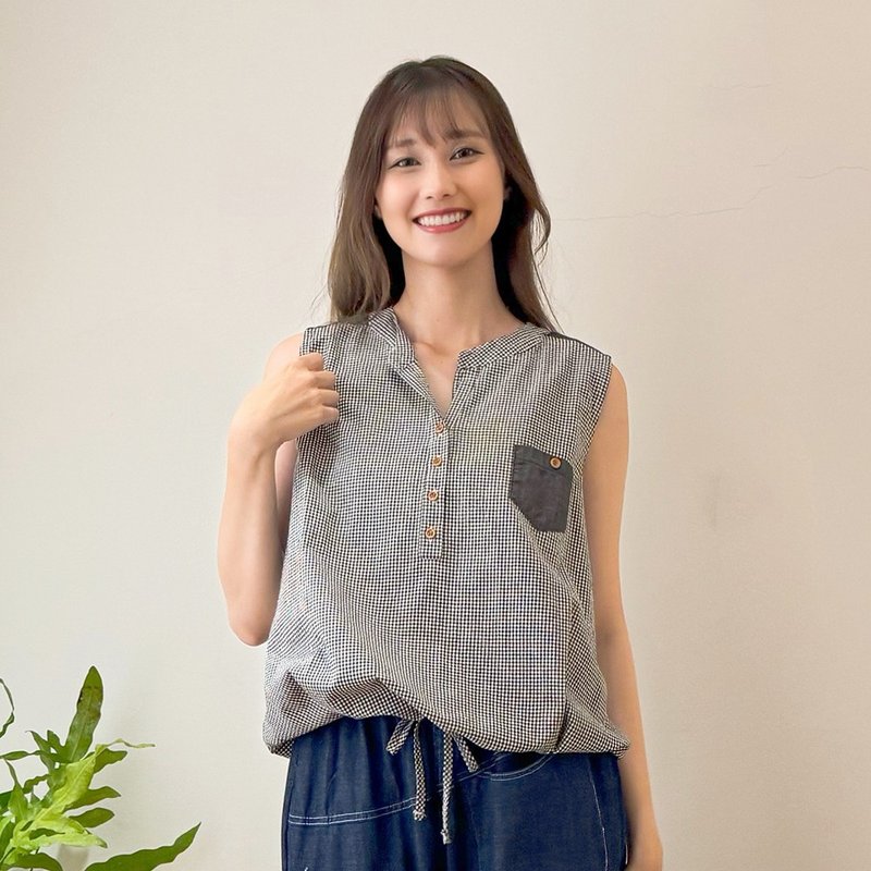 Hana Mokuba 無袖格紋綁帶收口上衣 - 女上衣/長袖上衣 - 其他材質 