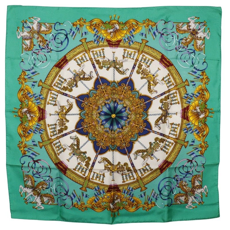 【日本直送】エルメス HERMES カレ90 スカーフ LUNA PARK 遊園地 メリーゴーランド シルク 緑 レディース【中古】 - 絲巾 - 絲．絹 綠色
