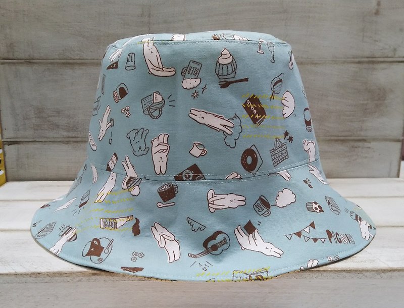 Pink Blue Green Rabbit Daily Poppies Double Sided Fisherman Hat Visor - Hats & Caps - Cotton & Hemp Multicolor