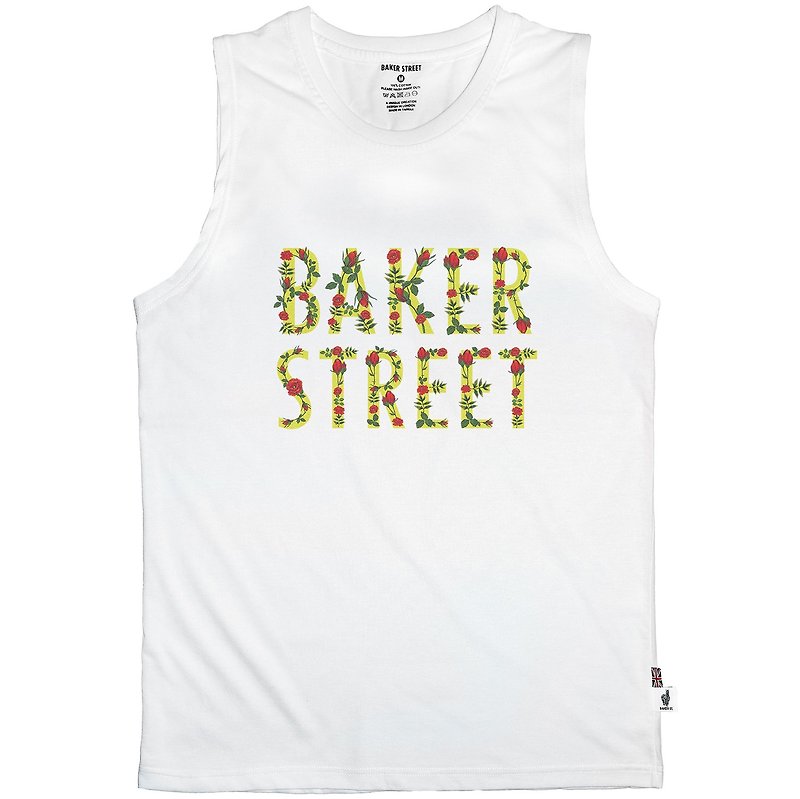 British Fashion Brand -Baker Street- Floral Letters Printed Tank Top - Men's Tank Tops & Vests - Cotton & Hemp White