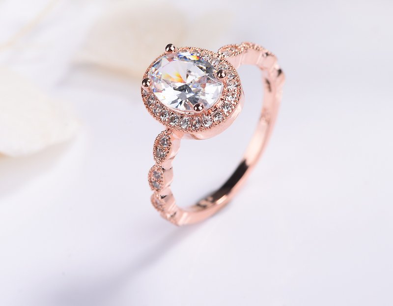 Wedding Set in 18k Rose Gold with Art deco ring, Moissanite and Diamond - แหวนทั่วไป - เครื่องประดับ ขาว