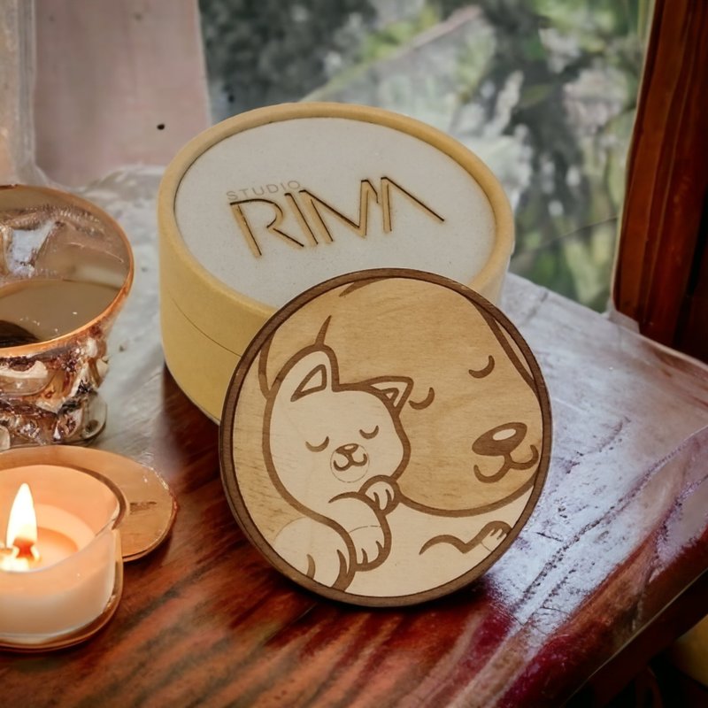 Dogs & Cats Wooden Coaster Set – Wooden Drink Coasters Featuring Adorable Pets - 杯墊 - 木頭 