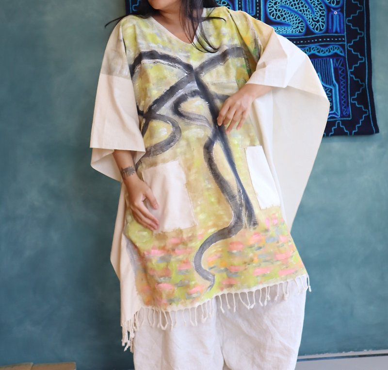 [Yuling Hui] Purely hand-painted natural pure cotton loose long top I handmade clothing - Women's Tops - Cotton & Hemp 