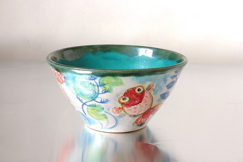 Watercolor-like goldfish picture bowl (inside turquoise) - ถ้วยชาม - ดินเผา หลากหลายสี