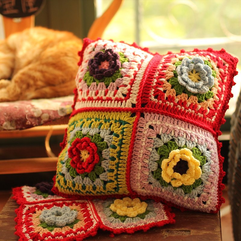 Exclusive vintage forest handmade grandma's crocheted checkered antique pillow - Pillows & Cushions - Cotton & Hemp 