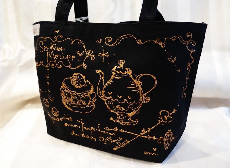 Direct drawing tote bag (tea time) - กระเป๋าถือ - ผ้าฝ้าย/ผ้าลินิน 