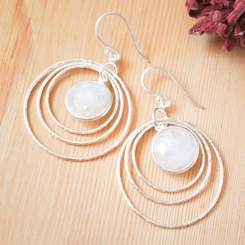 12mm Round RoseCut Moon Stone Silver Dangling Earring - Earrings & Clip-ons - Gemstone White