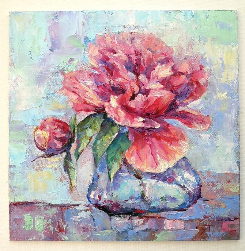 Peony Painting Original oil painting on canvas panel 25x25cm - 海報/掛畫/掛布 - 顏料 