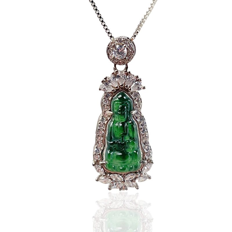 Bingzhong Laokeng Green Jade Guanyin Bodhisattva Necklace 925 Sterling Silver | Natural Jade A Product | Gift - Necklaces - Jade Green