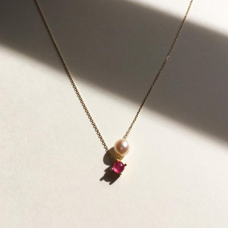 K10/SV925 Ruby Necklace, July Birthstone, Akoya Pearl Dainty Necklace - ネックレス - 宝石 レッド